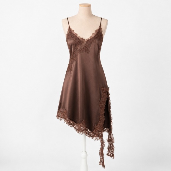 Dresses & Skirts - Asymmetrical Satin Lace Babydoll Slip Dress Sz S Chocolate Brown Fairy Indie Y2K